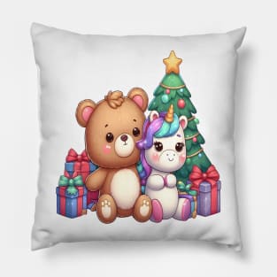 Cute Christmas Bear with his Unicorn Friend Kawaii Pillow