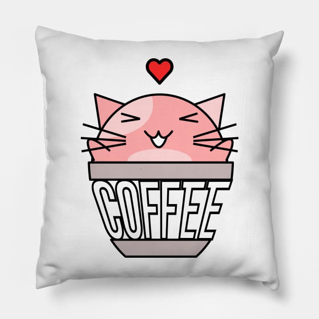 Happy cat in coffee cup with warped text heart on head pink Pillow by coffeewithkitty