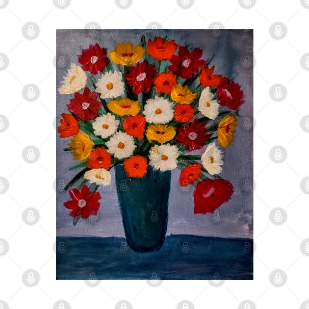 mixed carnations flowers in a turquoise vase by kkartwork