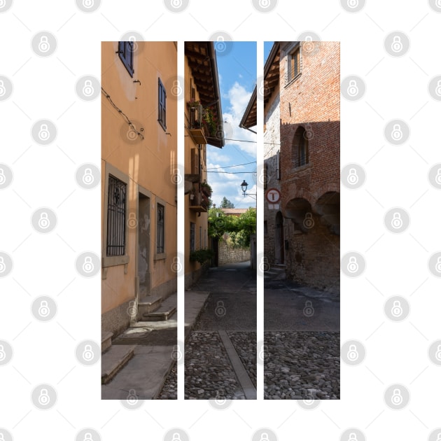 North Italy Life in the center of the lombard medieval city. Walking through narrow streets and walls. Sunny summer day. (vertical) by fabbroni-art