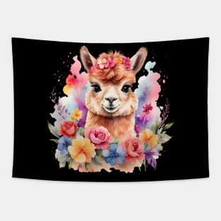 An alpaca decorated with beautiful watercolor flowers Tapestry