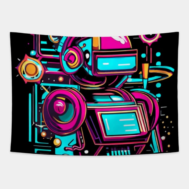 A piece that incorporates both retro and futuristic elements, such as robots and neon colors with a vintage twist. Tapestry by maricetak