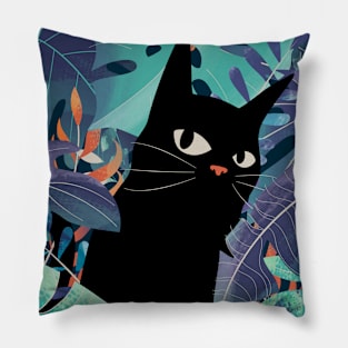 Black Cat With Monstera Leaves Pillow