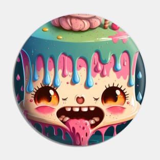 Cake Caricature - January 1st - Yearlong Psychedelic Cute Cakes Collection - Birthday Party - Delicious Dripping Paint, Bright Colors, and Big Adorable Smiles Pin