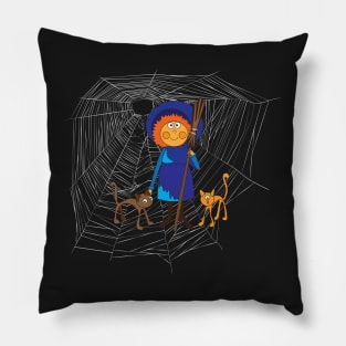 Witch and two cats on a spider's grid Pillow