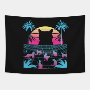 cat wave, vaporwave, cat palm, cat beach, cat retro Tapestry