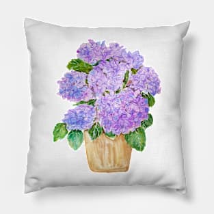 blue purple hydrangea in golden pot watercolor Pillow