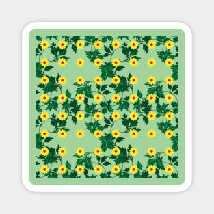 Yellow daisies with Cerise centres over layers of vine leaves on a Spearmint Green background Magnet