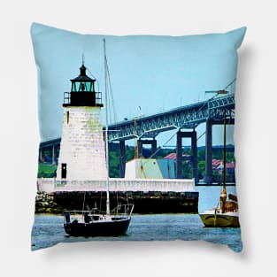 Newport RI -  Lighthouse Bridge and Boats Pillow