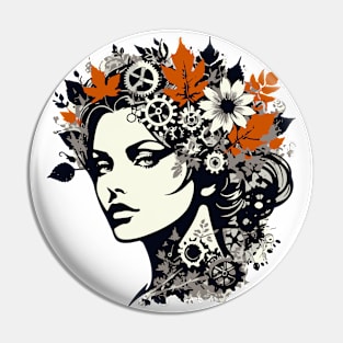 Graphic Art Portrait – Woman, Leaves, And Gears Pin