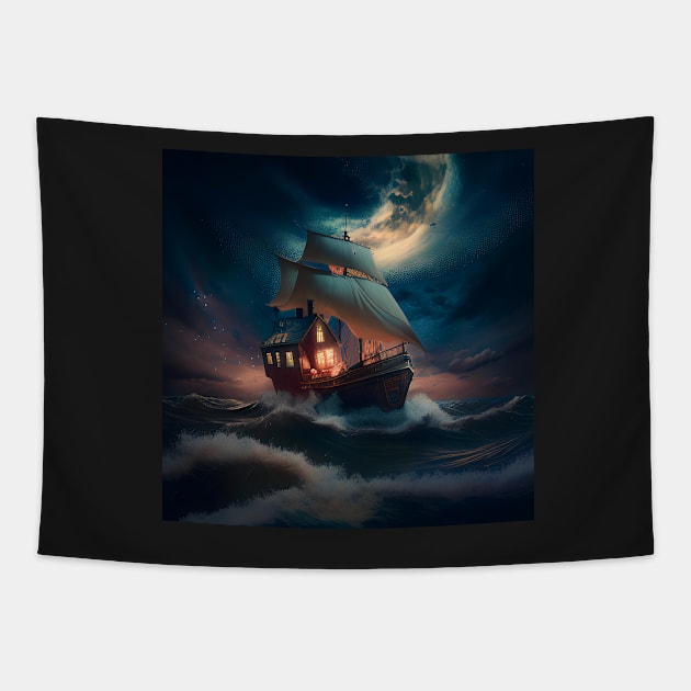 Moonlit Sailboat Storm Tapestry by D3monic