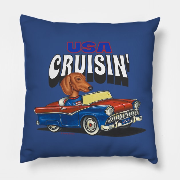 Humorous Funny and Cute Doxie Dachshund dog Cruising through the USA with a vintage car Pillow by Danny Gordon Art