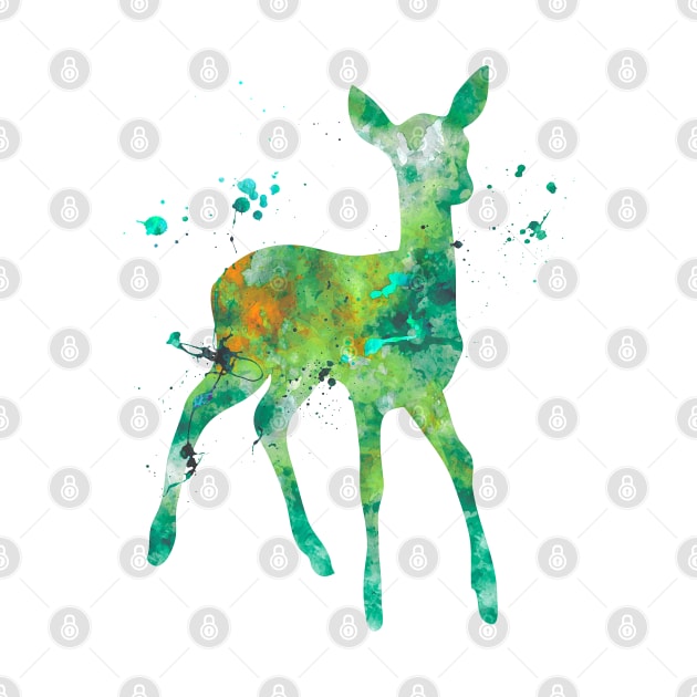 Green Fawn Watercolor Painting by Miao Miao Design