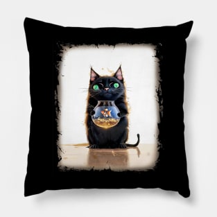 Black Cat Holding a Goldfish in a Fish Bowl Pillow