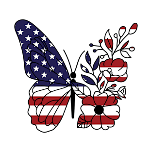 American Flag with Floral Butterfly, 4th of July T-Shirt