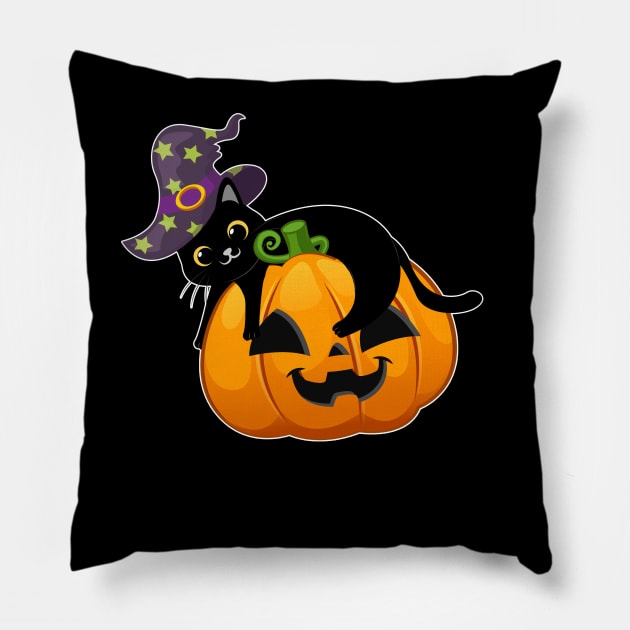 Lazy Black Cat Pumpkin Wear Witch Hat For Halloween 2021 Pillow by Hong Lien 