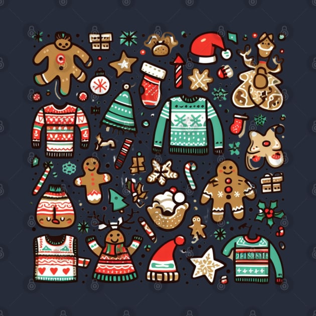 a fun and quirky collage of various holiday-themed elements to create the ultimate "Ugly Christmas Sweater" pattern. Think reindeer, snowflakes, gingerbread men, and more. by maricetak