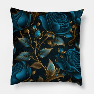 Regal Blooms: A Luxurious Blue and Gold Rose Pillow