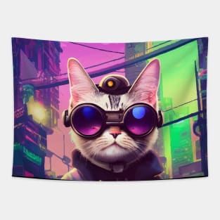 Techno Cat In Japan Neon City Tapestry