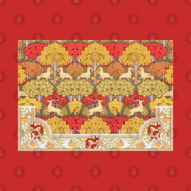 Deer and Trees,Squirrel,Doves and Rowan Red Yellow Art Nouveau Floral by BulganLumini