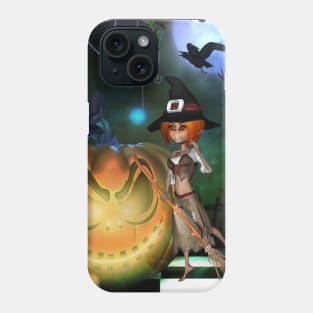 Cute little witch with pumpkin in the night Phone Case