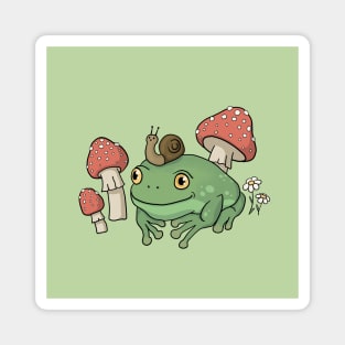 Cute Goblincore Aesthetic: Frog in Snail Hat and Mushrooms Magnet