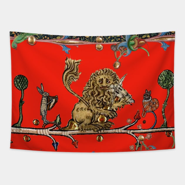 WEIRD MEDIEVAL BESTIARY MAKING MUSIC Violinist Lion,Hare,Snail Cat in Royal Red Tapestry by BulganLumini