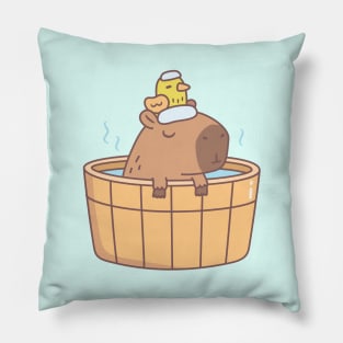 Cute Capybara and Bird Relaxing in Hot Bath Spa Soak Pillow