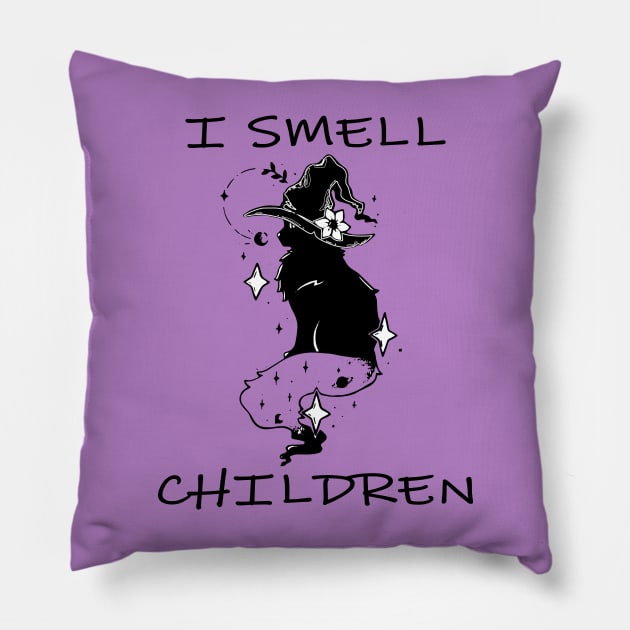 i smell children, cute witch kitty Pillow by lazykitty