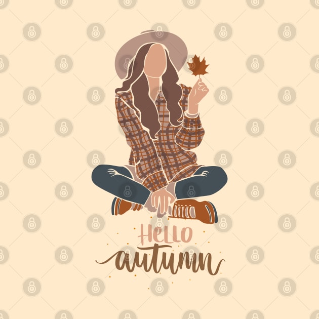 Hello autumn girl holding maple leaf by kuallidesigns