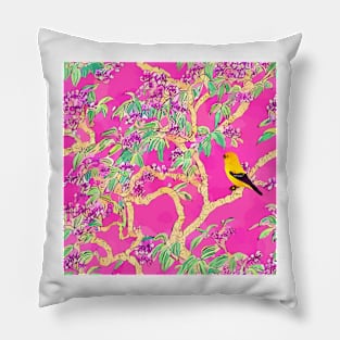 Canary bird on pink chinoiserie Pillow