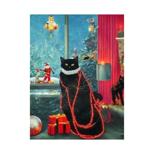 Santa cat tangled up in lights christmas santa T-Shirt