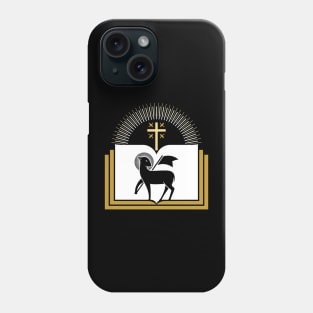 Lamb of God on the background of the open book of life. Phone Case