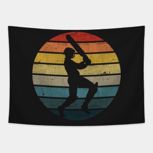 Cricket Player Silhouette On A Distressed Retro Sunset graphic Tapestry