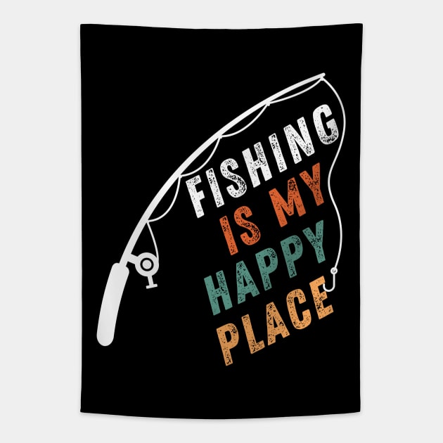 Fishing Quote Fishing Is My Happy Place Vintage Tapestry by Art-Jiyuu