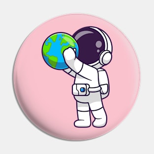 Cute Astronaut Holding Earth Globe Cartoon Pin