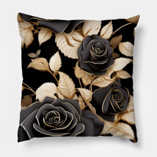 Black Roses with golden leaves, inticate detaled pattern, classic vintage design Pillow