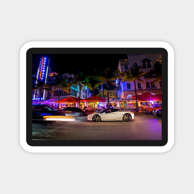 Ocean Ave at Night Miami Florida Magnet by WayneOxfordPh