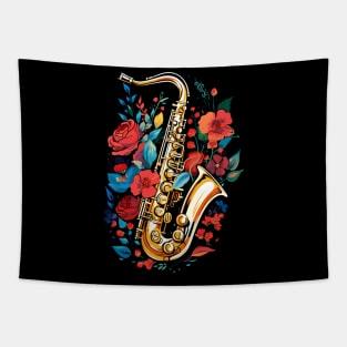 Saxophone Instrument Retro Red Flowers Color Nature Splash Tapestry