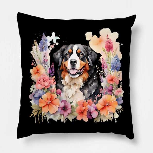 A bernese mountain dog decorated with beautiful watercolor flowers Pillow by CreativeSparkzz