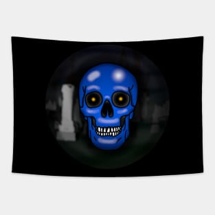 Skull, frostbite blue, with background Tapestry