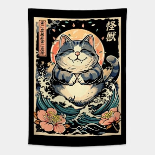 Japanese Kaiju Cat Neko Zilla Sea Wave, Men, Women , Kids Tapestry