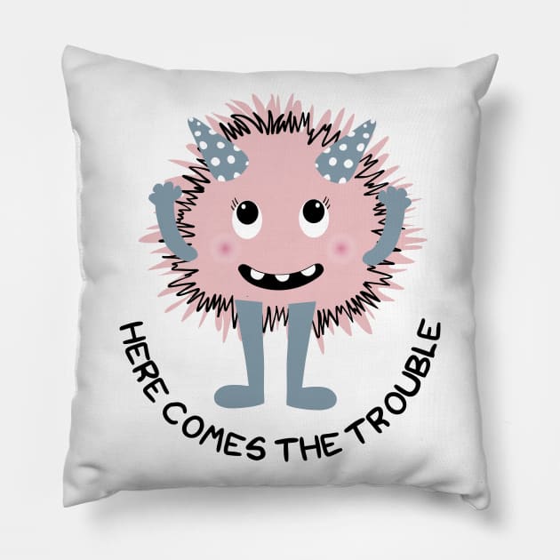 Here comes the trouble monster character Pillow by Arch4Design