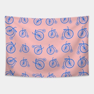 Blue Retro Bicycle Pattern on Pink Background Tapestry