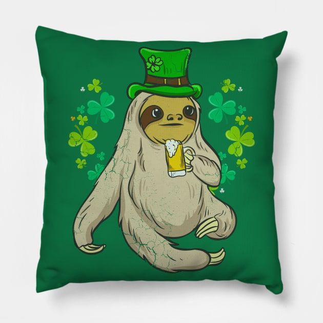 St Patricks Day Sloth Leprechaun Irish Beer Pillow by E