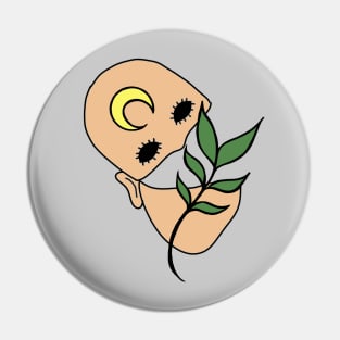 Surreal Black Eyed Plant Person with Crescent Moon Face Tattoo - Medium Skin Pin