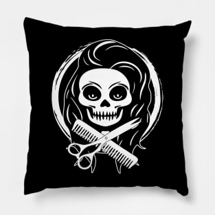 Female Hairstylist Skull and Hairdressing Tools White Logo Pillow