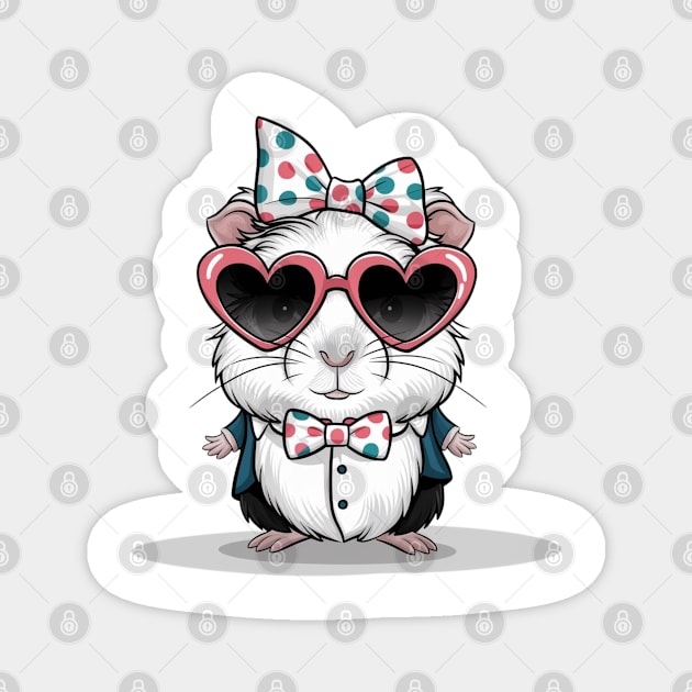 Guinea pig print design wearing heart-shaped sunglasses and bow tie with polka dot headband, cute cartoon style Magnet by YolandaRoberts