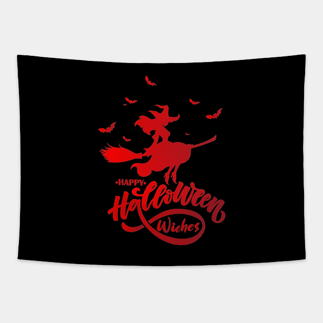 Happy Halloween Beauty Witch Flying Broom Tapestry by BadrBrand