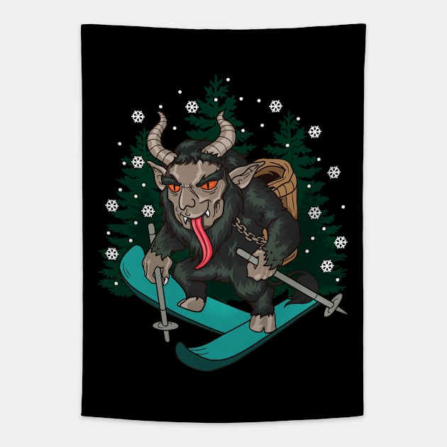 Krampus Skiing Christmas Tapestry by E